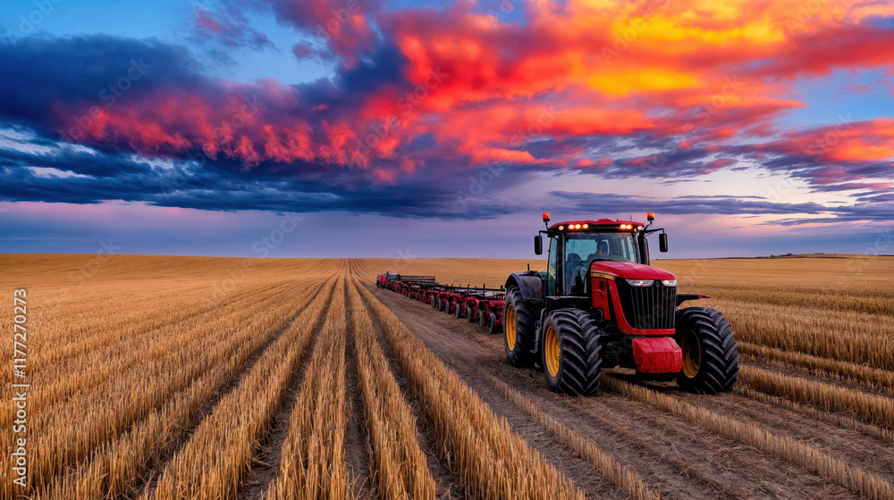 Red tractor working in a field Red tractor working in a field