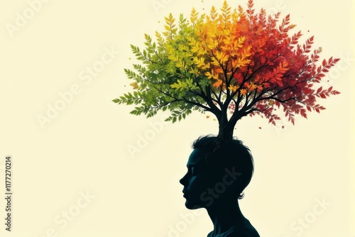 A creative concept of a tree with colorful leaves growing inside a human head silhouette