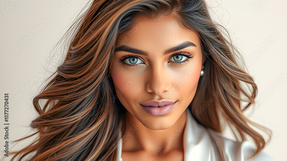 Naklejka premium Stunning portrait of woman with flowing brunette hair, lips, eyes with perfect makeup, radiating beauty and confidence. Sexy model, gently smile, skincare ads, beauty sensuality. generative ai