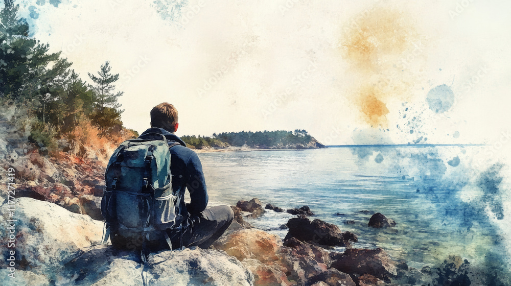 person with backpack sitting on rocky shoreline, enjoying serene view of water and trees. scene captures peaceful moment in nature person with backpack sitting on rocky shoreline, enjoying serene view of water and trees. scene captures peaceful moment in nature