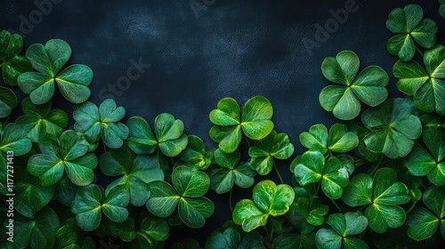 St. Patrick's Day abstract green background decorated with shamrock leaves. Patrick Day pub party celebrating. Abstract Border art design magic backdrop. Widescreen clovers on black with copy space  photo