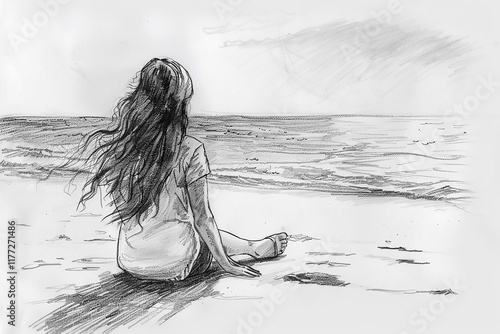 quick pencil sketch drawing woman at the sea