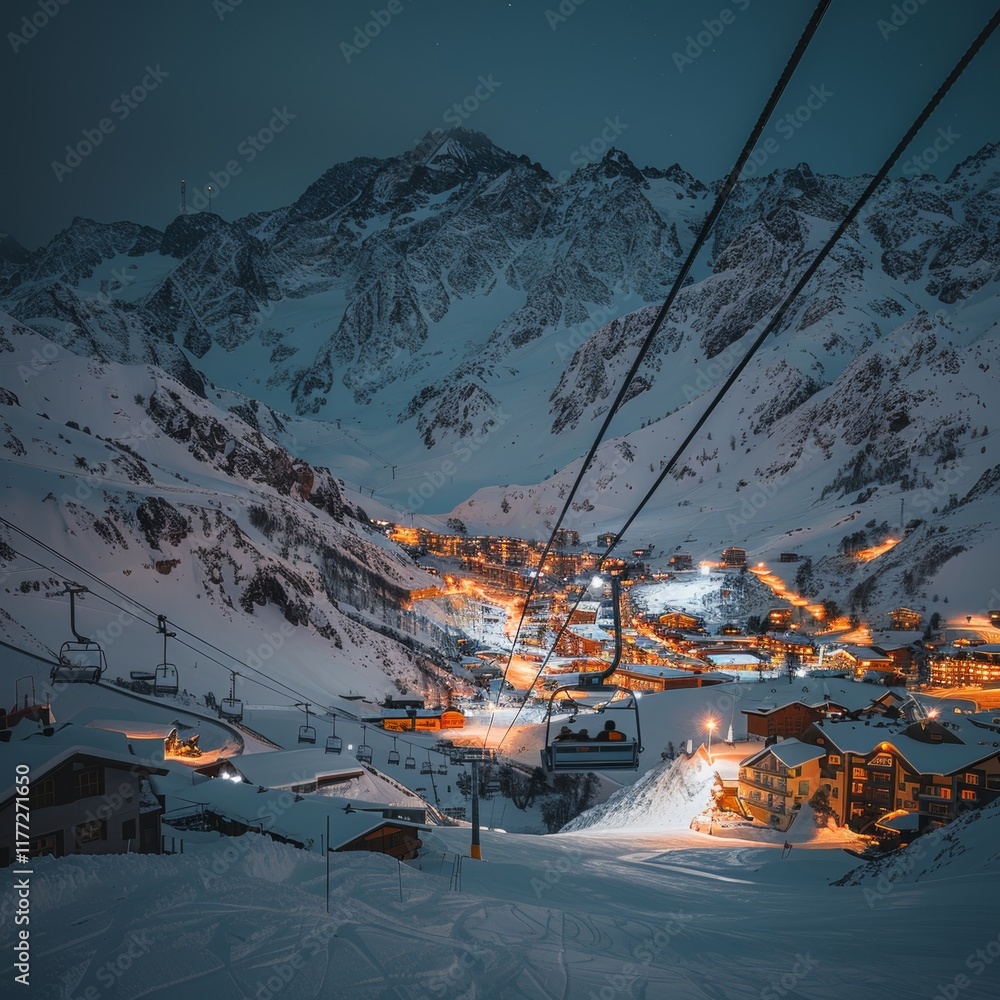Dreamy Ski Lift Ride Cozy Illuminated Village, Majestic Snowy Mountains, Nighttime Charm