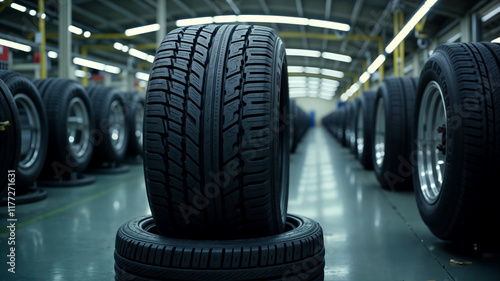 New tires standing in tire factory storage photo