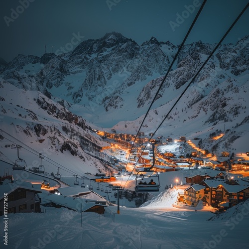 Obraz na płótnie Dreamy Ski Lift Ride Cozy Illuminated Village, Majestic Snowy Mountains, Nighttime Charm w salonie