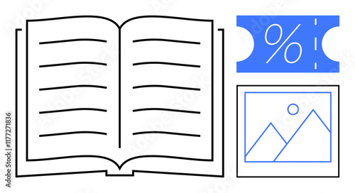 Open book with lines, blue discount coupon, framed picture of mountains with sun. Ideal for education, reading material, learning, art, promotions discounts and marketing. Abstract line flat