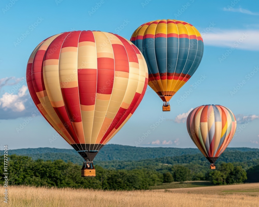 Naklejka premium Romantic Valentine flight of colorful hot air balloons soaring above meadows under a vivid blue sky