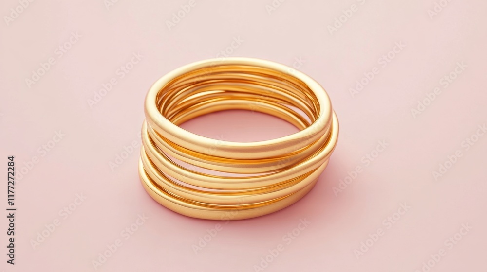 A stack of thin gold rings displayed on a dusty pink background A stack of thin gold rings displayed on a dusty pink background