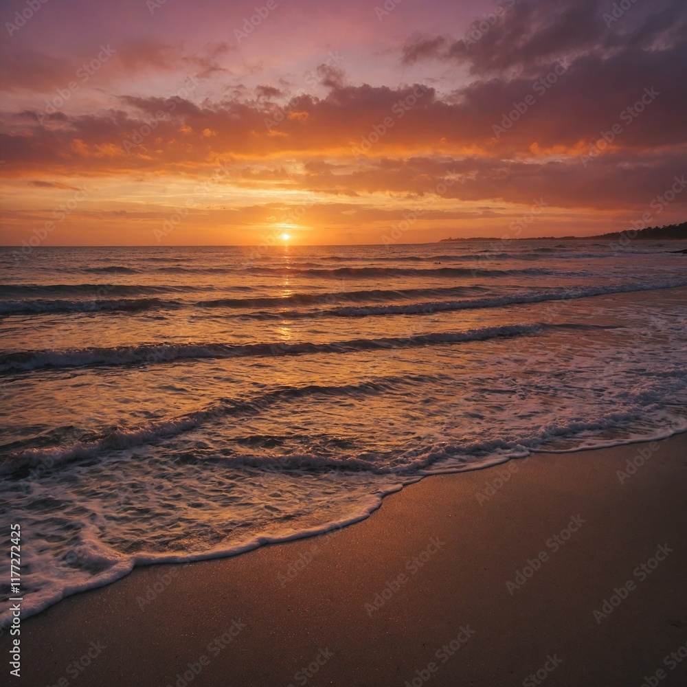 A sunset beach scene with warm orange and pink hues illuminating the horizon. A sunset beach scene with warm orange and pink hues illuminating the horizon.