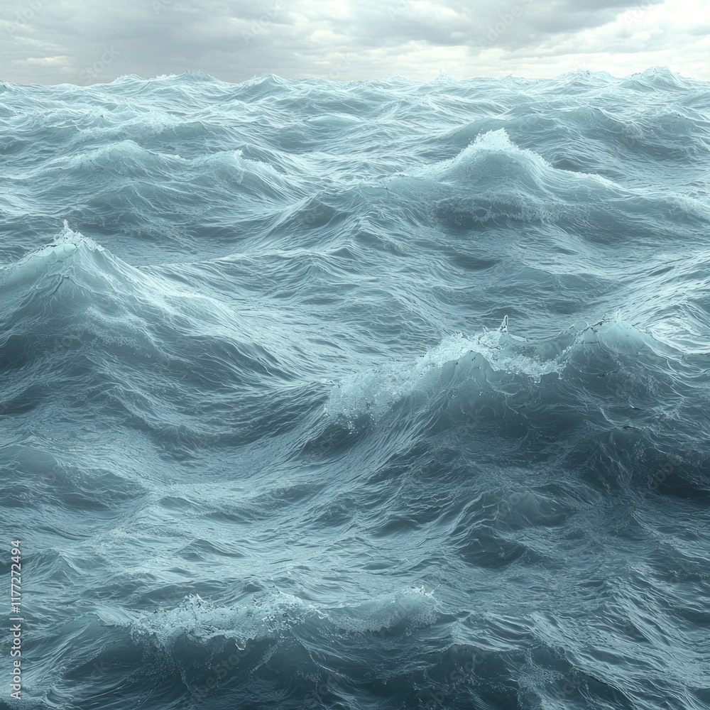 Fototapeta premium Choppy ocean waves under cloudy sky, suitable for backgrounds