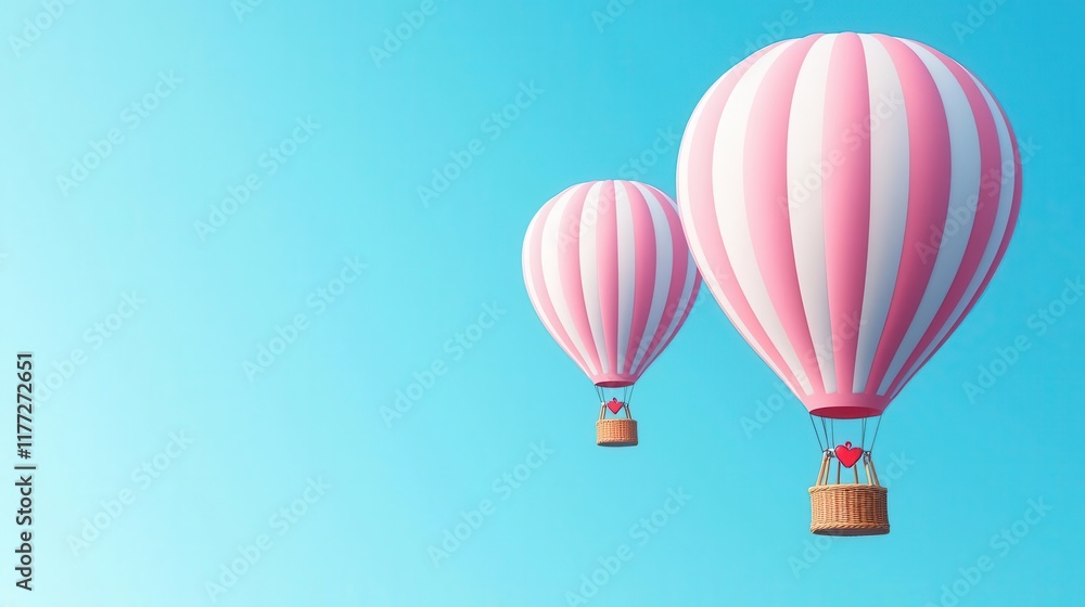 Obraz premium Romantic pink and white hot air balloons with Valentine accents, gently floating under a cloudless sky