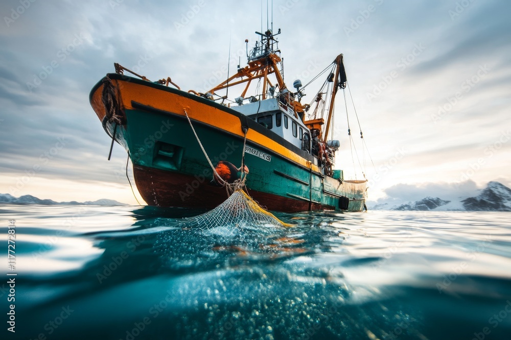 Fototapeta premium A fishing trawler harvesting krill in a vast open ocean, with nets pulling up shimmering clusters of the tiny crustaceans