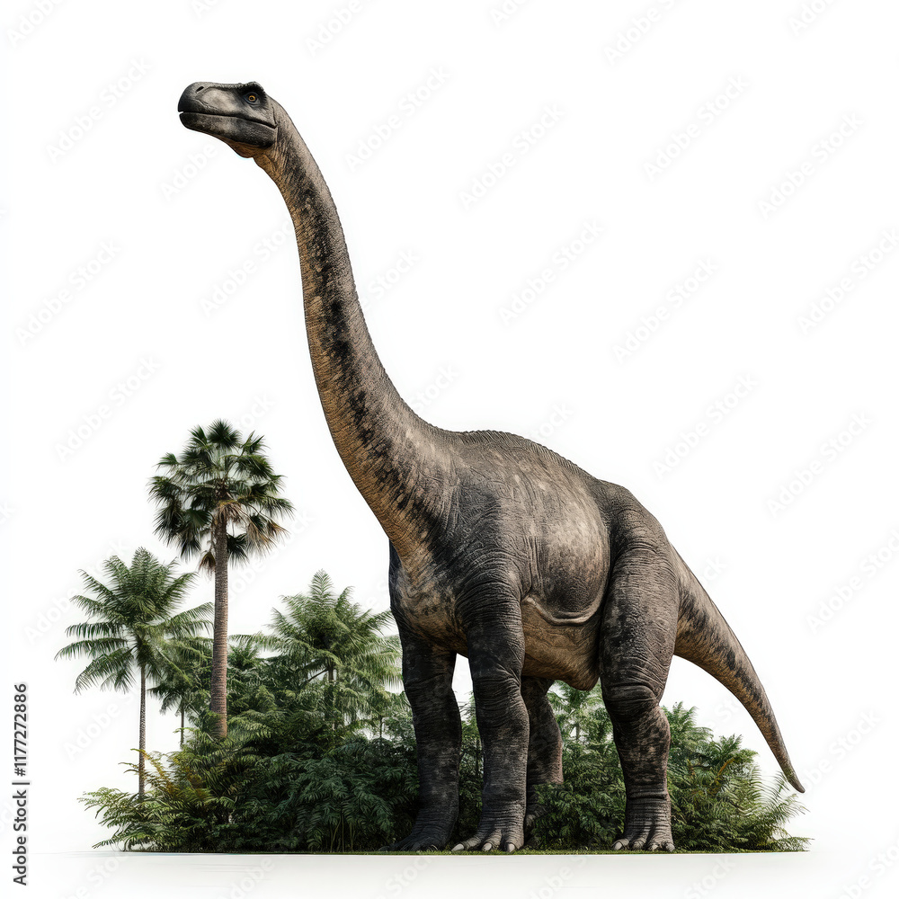 Obraz premium towering Brachiosaurus grazes on treetops, surrounded by lush greenery