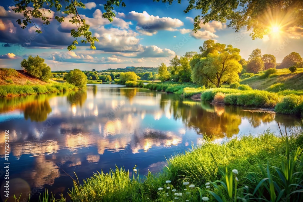 Obraz premium Breathtaking Konka River Landscape, Krynki Village, Kherson Region, Ukraine - Scenic Bokeh Photography