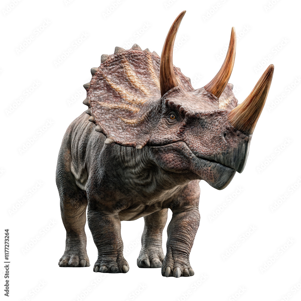 Obraz premium triceratops with three horns and frill stands isolated on transparency background