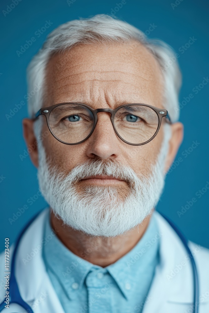 Experienced doctor with gray beard and glasses in professional attire during consultation Experienced doctor with gray beard and glasses in professional attire during consultation