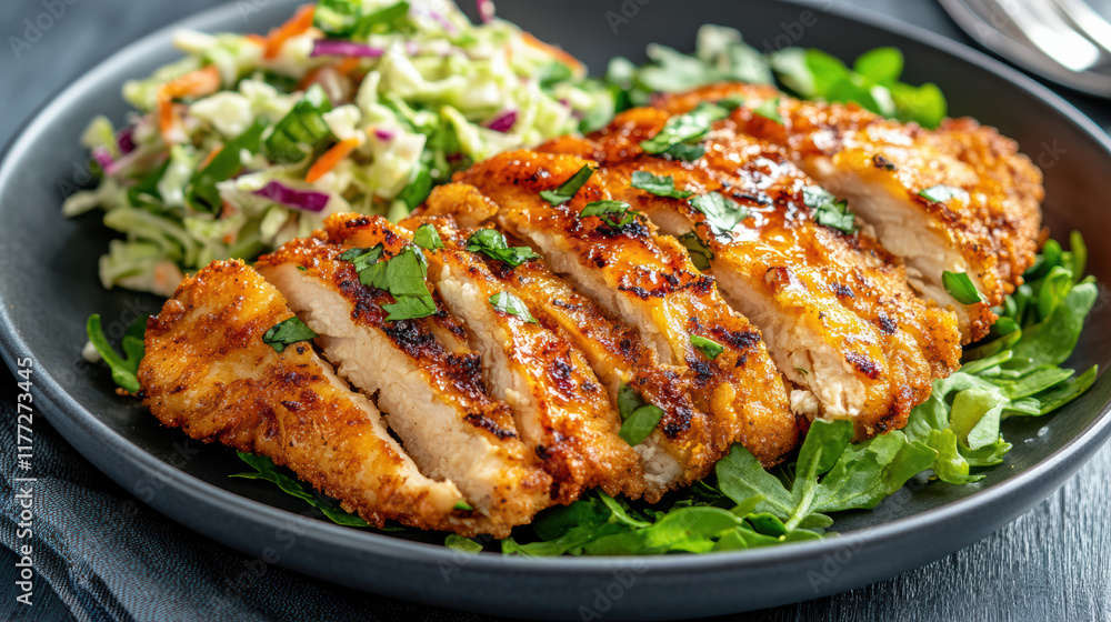 Crispy fried chicken served with fresh salad and coleslaw on plate Crispy fried chicken served with fresh salad and coleslaw on plate