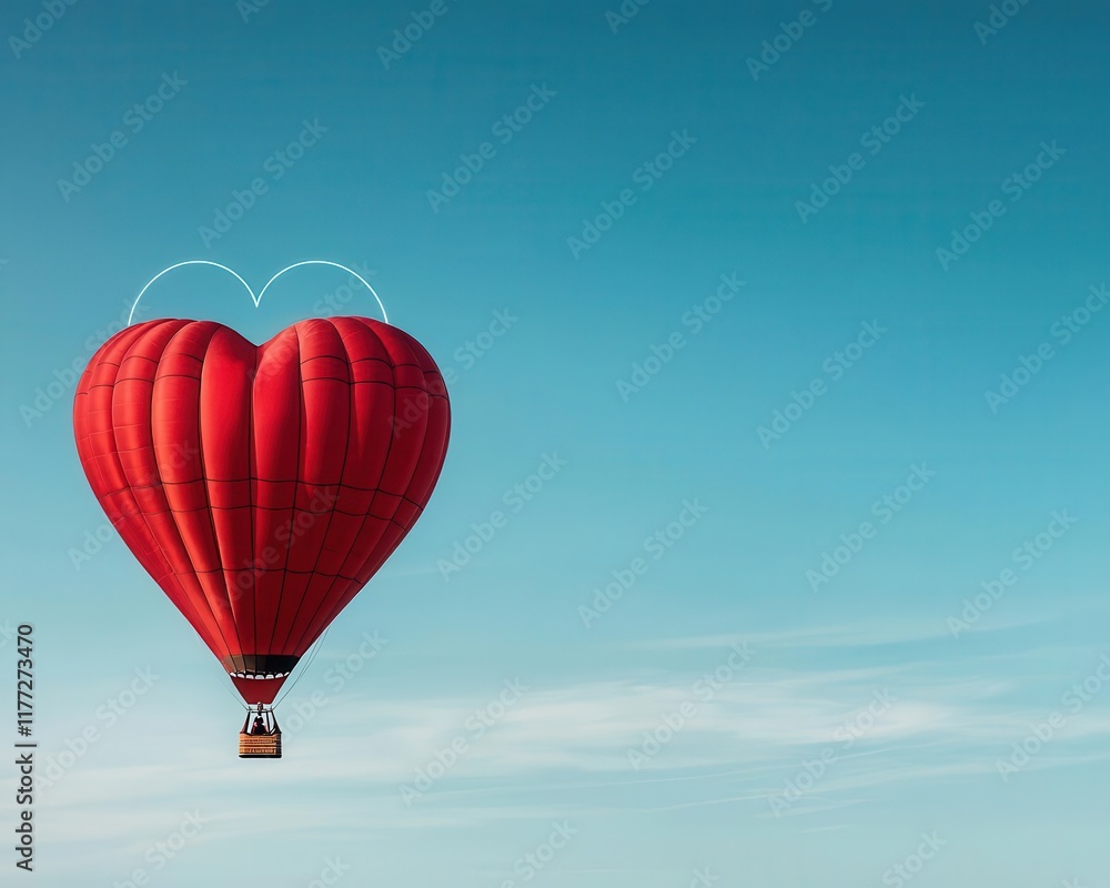 Fototapeta premium Heartshaped hot air balloon rising with a glowing halo, celebrating Valentine under a flawless sky