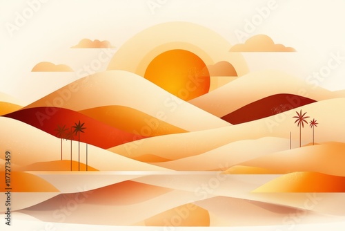 A flat illustration of an oasis ksar with clean lines and muted desert tones, emphasizing the water and palm trees photo