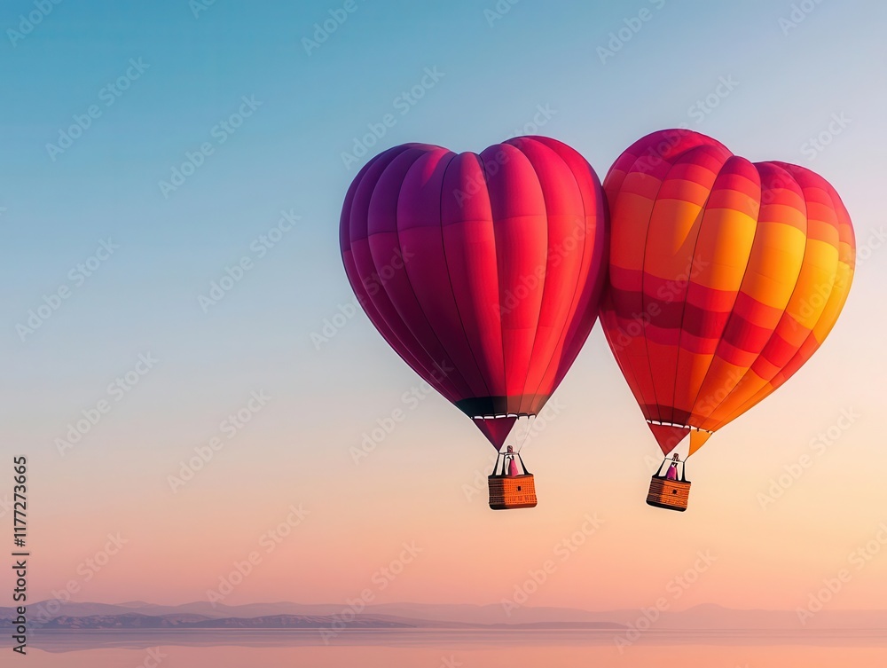 Fototapeta premium Heartadorned hot air balloons casting golden reflections at sunrise, set against a clear Valentine horizon