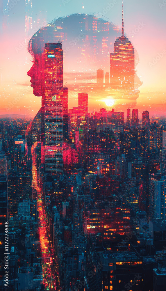 Fototapeta premium stunning cityscape at sunset, featuring silhouette of woman