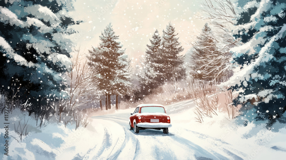 red car drives on snowy road surrounded by frost covered trees, creating serene winter landscape. falling snow adds magical touch to scene red car drives on snowy road surrounded by frost covered trees, creating serene winter landscape. falling snow adds magical touch to scene