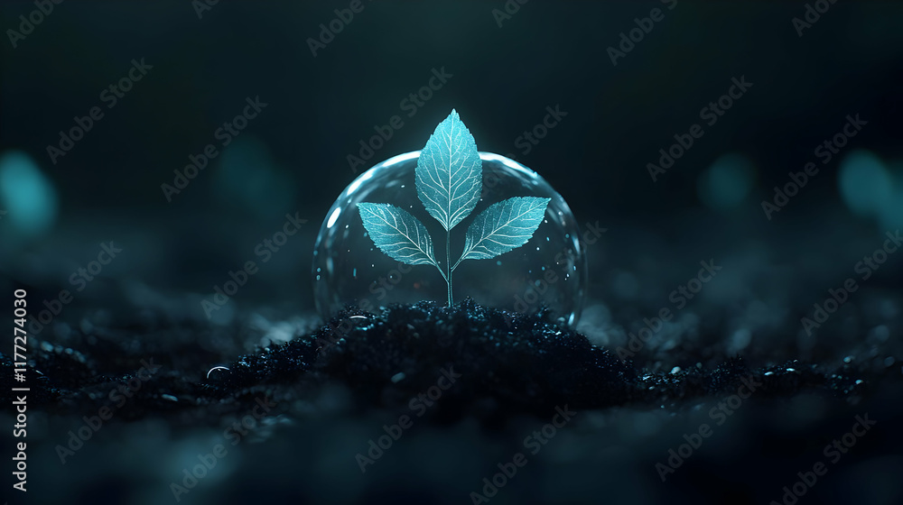 Obraz premium A delicate green leaf emerging from the ground, encapsulated in a shimmering bubble, symbolizing new growth.