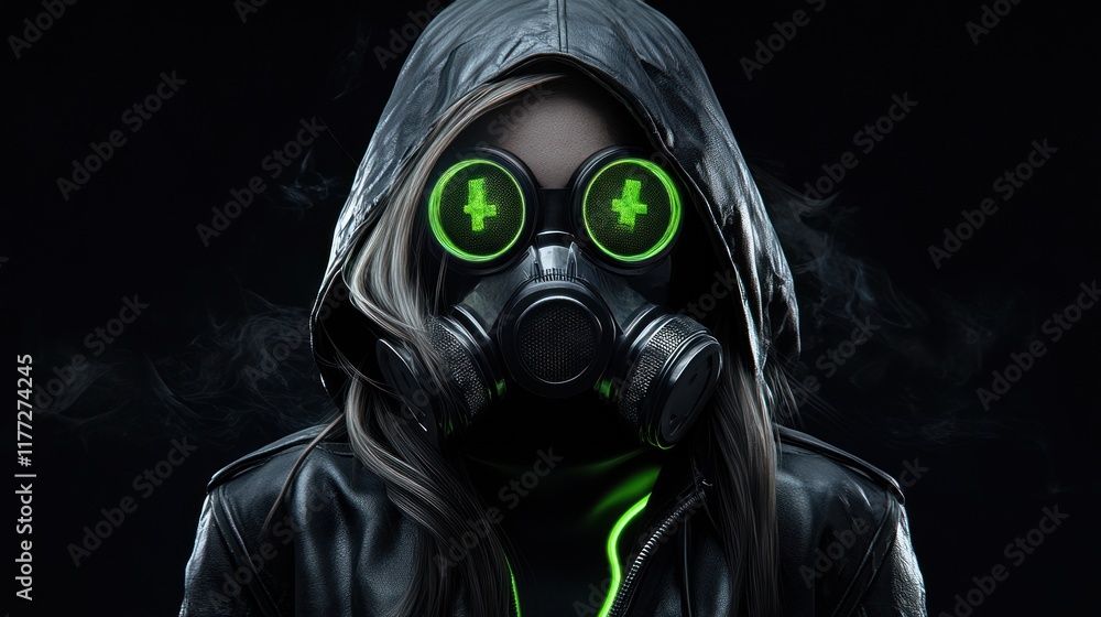 A mysterious figure in a gas mask and hoodie, illuminated by green light against a dark background. A mysterious figure in a gas mask and hoodie, illuminated by green light against a dark background.