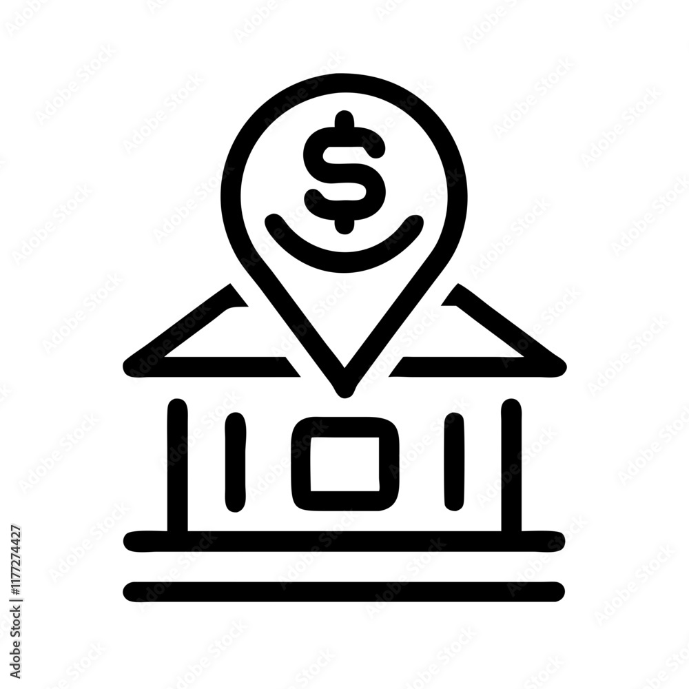 Bank location icon with dollar symbol in outline style Bank location icon with dollar symbol in outline style