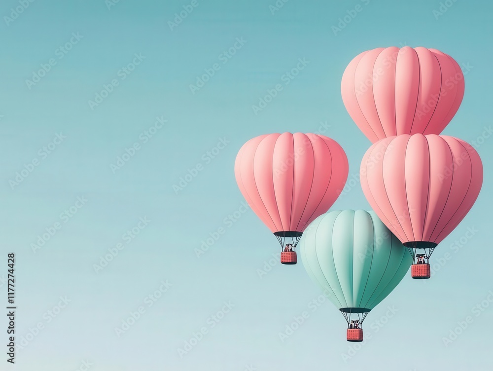 Fototapeta premium Romantic Valentine scene with hot air balloons filling the sky with heartshaped designs