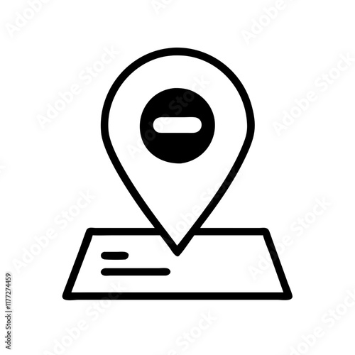Map location pin icon with minus sign on simplified base
