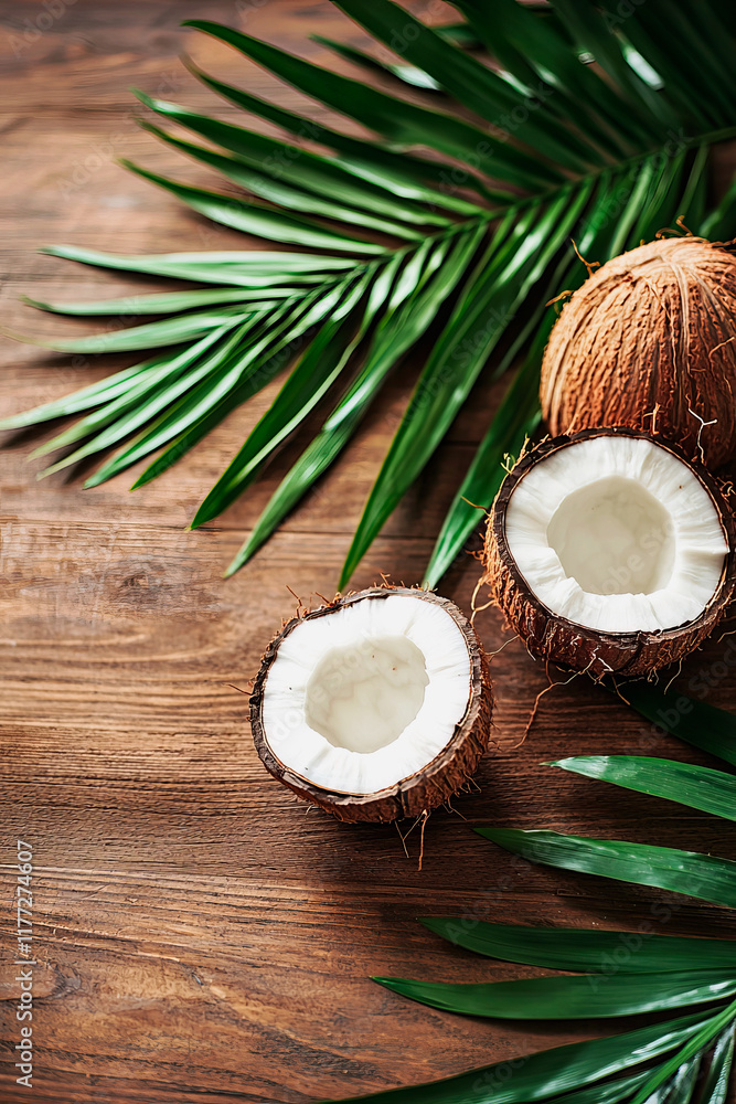 Coconuts and palm leaves on wooden background. Copy space. Summer concept. Coconuts and palm leaves on wooden background. Copy space. Summer concept.