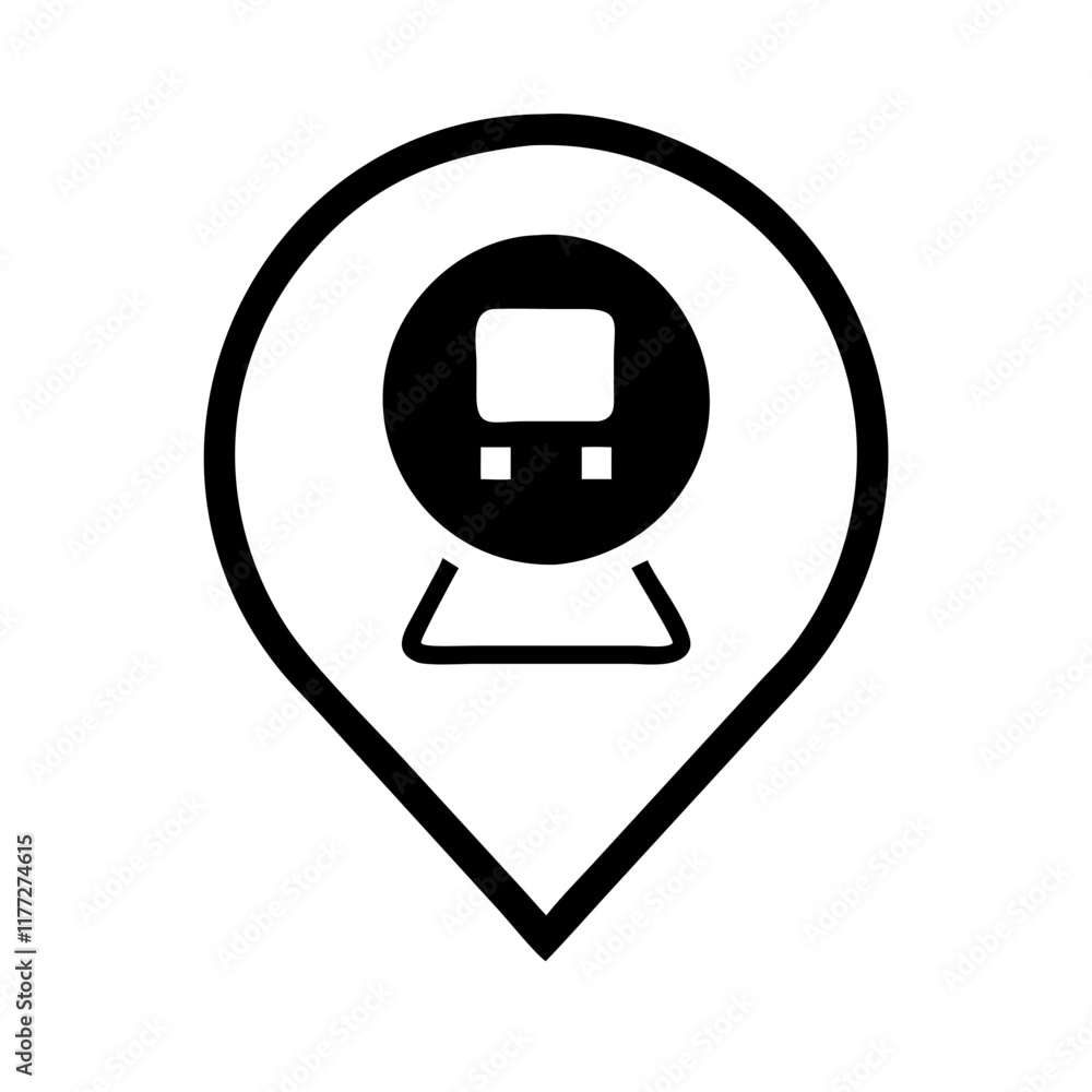 Train location icon with map pin design indicating railway station Train location icon with map pin design indicating railway station