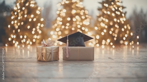 Graduation gifts on wooden floor with Christmas lights. photo