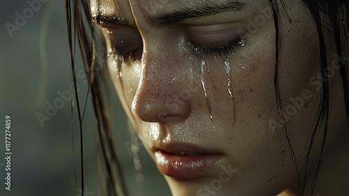 Photorealistic image of a person crying with tears on their face, expressing vulnerability and sadness
 photo