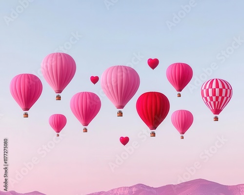 Hot air balloons in shades of pink and red creating a lovefilled Valentine panorama against a clear sky photo