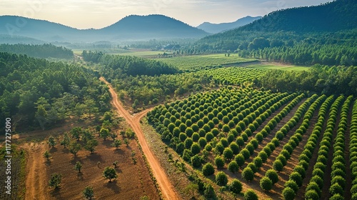 Aerial view of sunrise over farmland, orchard rows, and dirt road.  Use Agriculture/tourism. photo