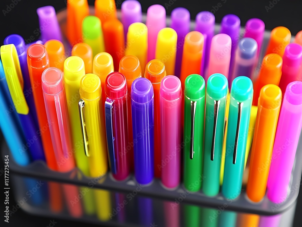 A vibrant set of gel pens and highlighters arranged in a stylish holder A vibrant set of gel pens and highlighters arranged in a stylish holder