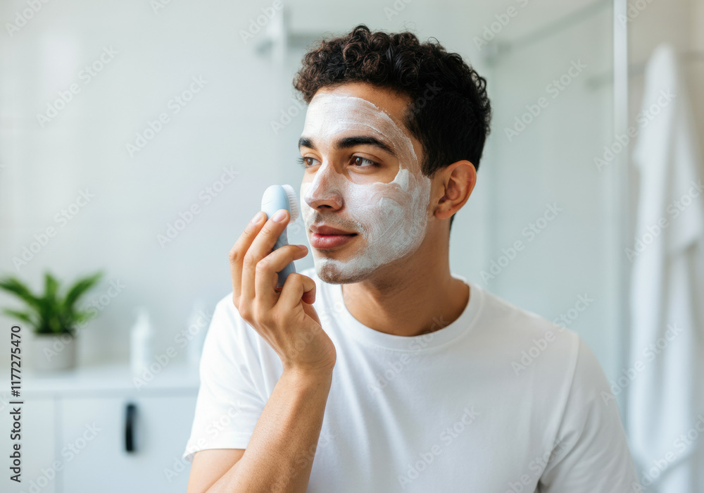 Man Applying Facial Mask with Cleansing Brush Man Applying Facial Mask with Cleansing Brush