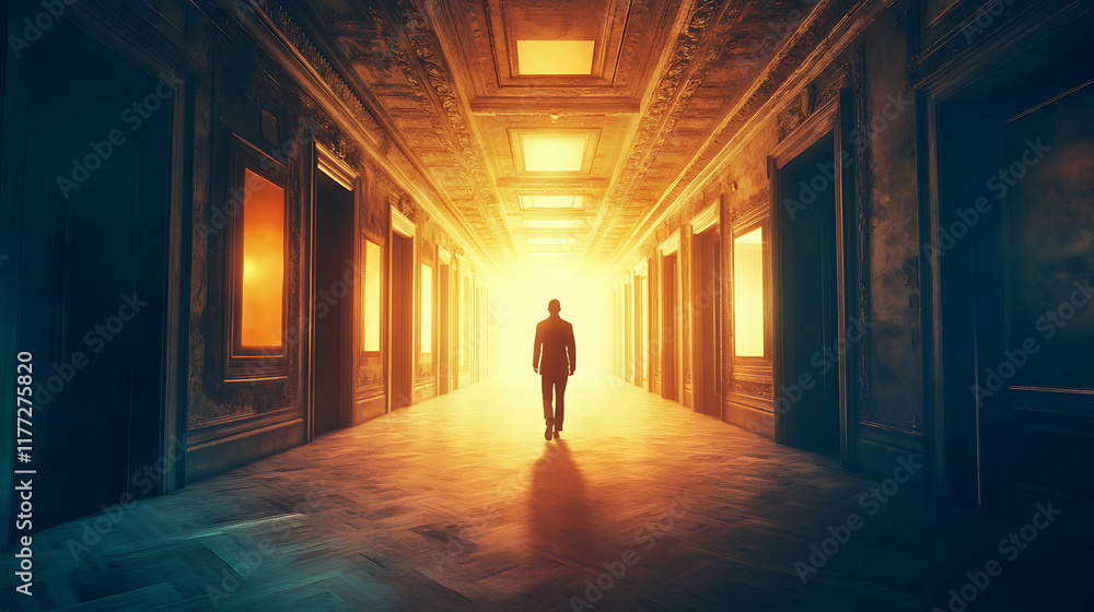 A person walking through an endless corridor of open doors, each glowing with potential A person walking through an endless corridor of open doors, each glowing with potential