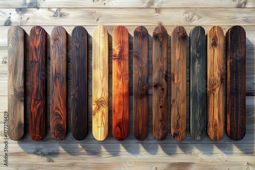 Wooden planks in color gradient on wood background, ideal for samples