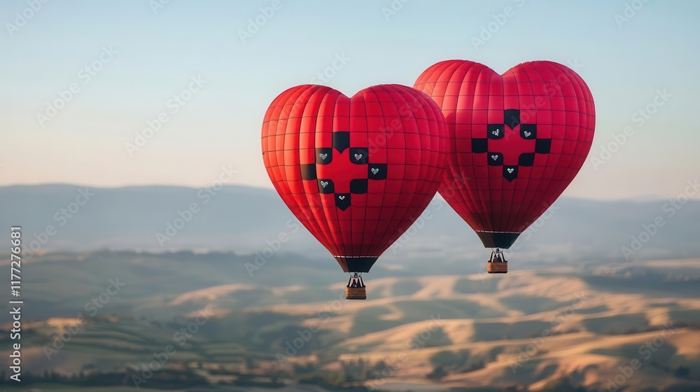 Fototapeta premium Heartshaped hot air balloons with glittering Valentine patterns, gracefully floating above the countryside