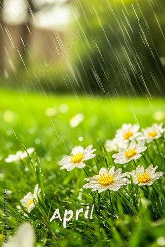April Showers, May Flowers White Daisies Bloom in Spring Rain Shower, Pastoral Nature Scene