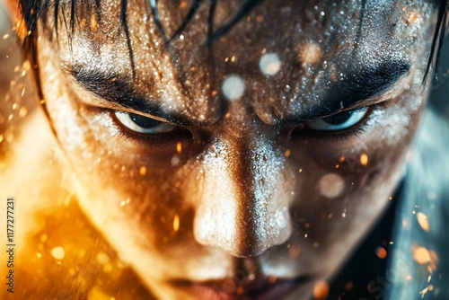 A hyper-realistic close-up of a kung fu master face, showing sweat, determination, and intense focus during combat