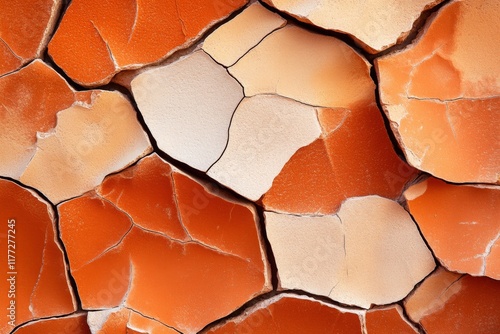 A hyper-realistic close-up of a ksar weathered mudbrick wall, showing every crack, grain, and detail under harsh desert sunlight photo