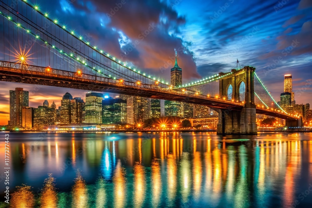 Naklejka premium Brooklyn Bridge Night Lightscape: Stunning Cityscape Panorama