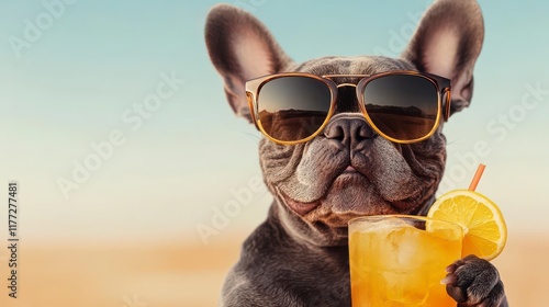 French Bulldog in shades enjoys a summer drink!  Pure chill vibes. photo