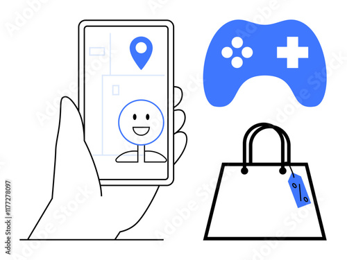 Hand holding a smartphone showing GPS pin and smiling face, next to game controller and shopping bag with tag. Ideal for navigation, online shopping, mobile gaming, digital lifestyle, convenience