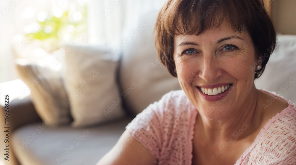 Cheerful middle-aged woman smiling at the camera in a cozy living room Cheerful middle-aged woman smiling at the camera in a cozy living room