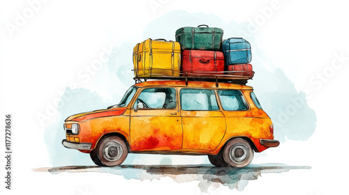Colorful car packed with luggage on roof, ready for adventure. This vintage vehicle showcases cheerful yellow hue, perfect for family trips and summer vacations